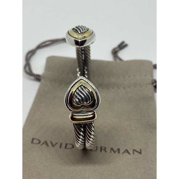 David Yurman DY 18K & 14K Sterling Silver Heart Cable Heavy Cuff Bracelet - Picture 8 of 10